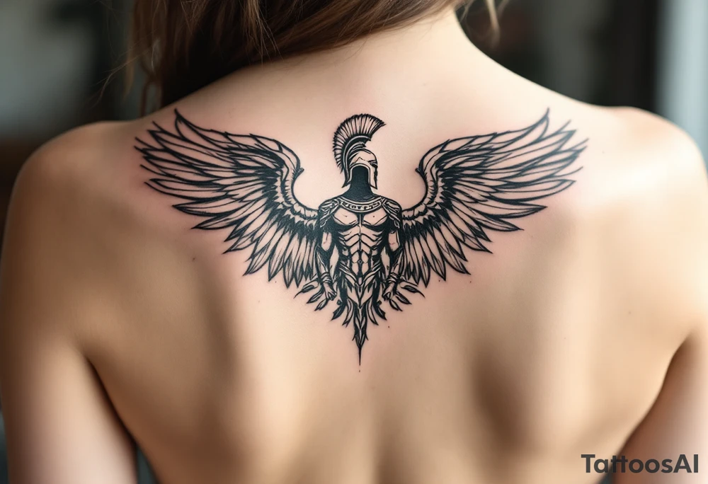 forearm tattoo of a spartan warrior with angel wings tattoo idea