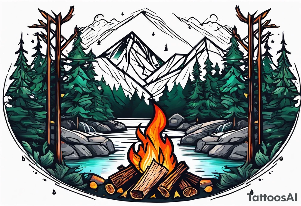 Small campfire in the forest where flow a small mountain stream tattoo idea