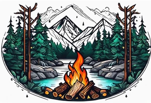 Small campfire in the forest where flow a small mountain stream tattoo idea