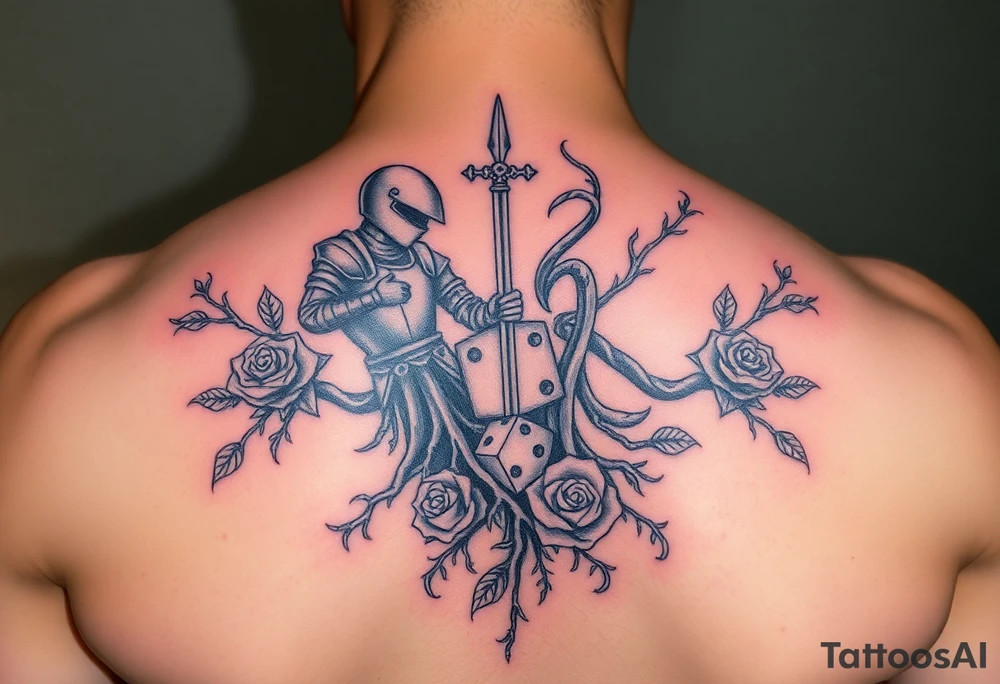 knight and squid intertwined with tree roots and roses rolling dice tattoo idea