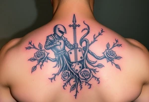 knight and squid intertwined with tree roots and roses rolling dice tattoo idea