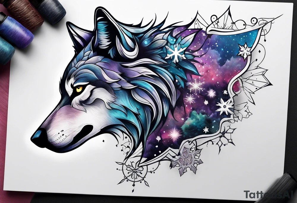 Constellation, animal alien wolf, snowflake tattoo idea