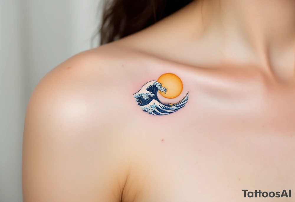 A minimalistic navy wave curves beneath a golden sun, etched on the upper arm. tattoo idea