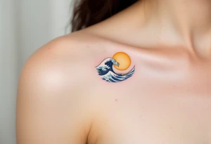 A minimalistic navy wave curves beneath a golden sun, etched on the upper arm. tattoo idea