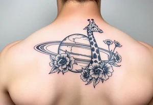 Saturn with a giraffe and marigold flowers tattoo idea