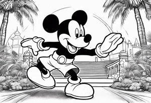 mickey mouse holding lightning with palm trees doing martial arts at the disney castle tattoo idea