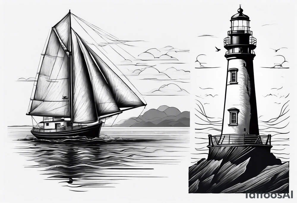 maritime lighthouse in a front view sailboat serving as a mast for a sail. tattoo idea