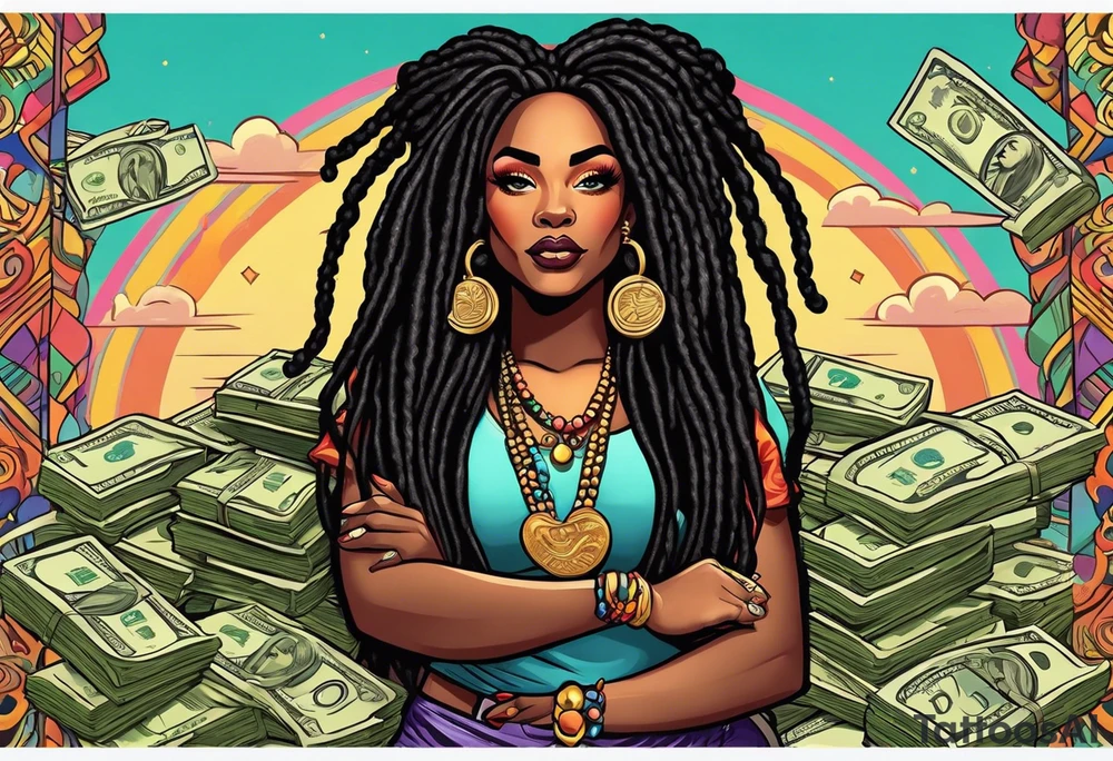 beautiful thick black women with long straight dreadlocks, new school style, holding piles of money, colorful, pastel, old school traditional, tattoo idea