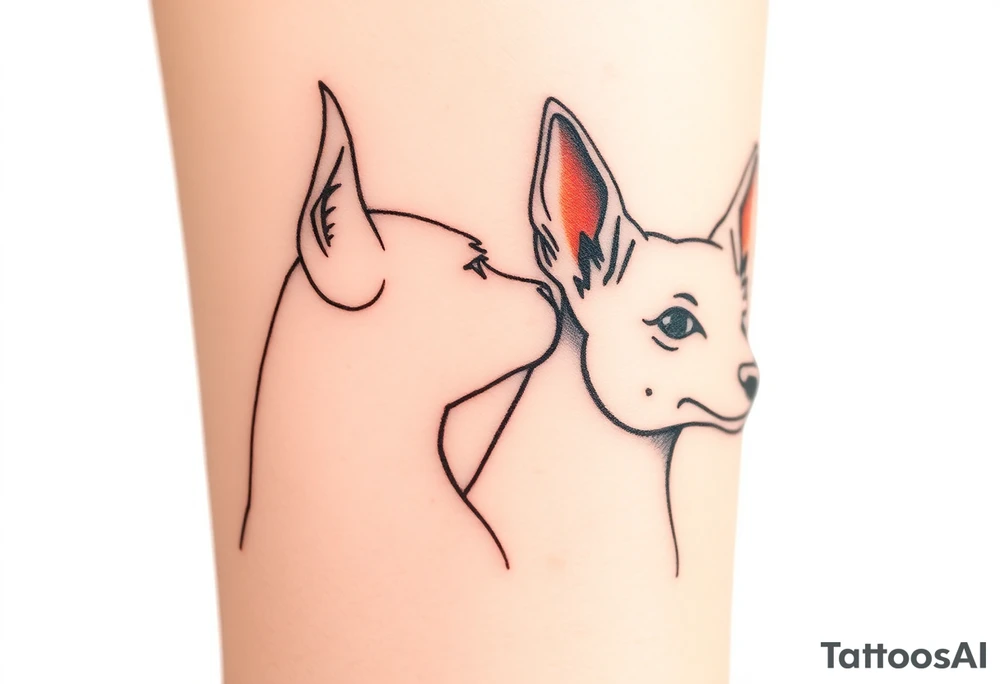 outline of pitbull ears, next to the outline of austrailian cattle dog ears, as they look off into the sunset tattoo idea