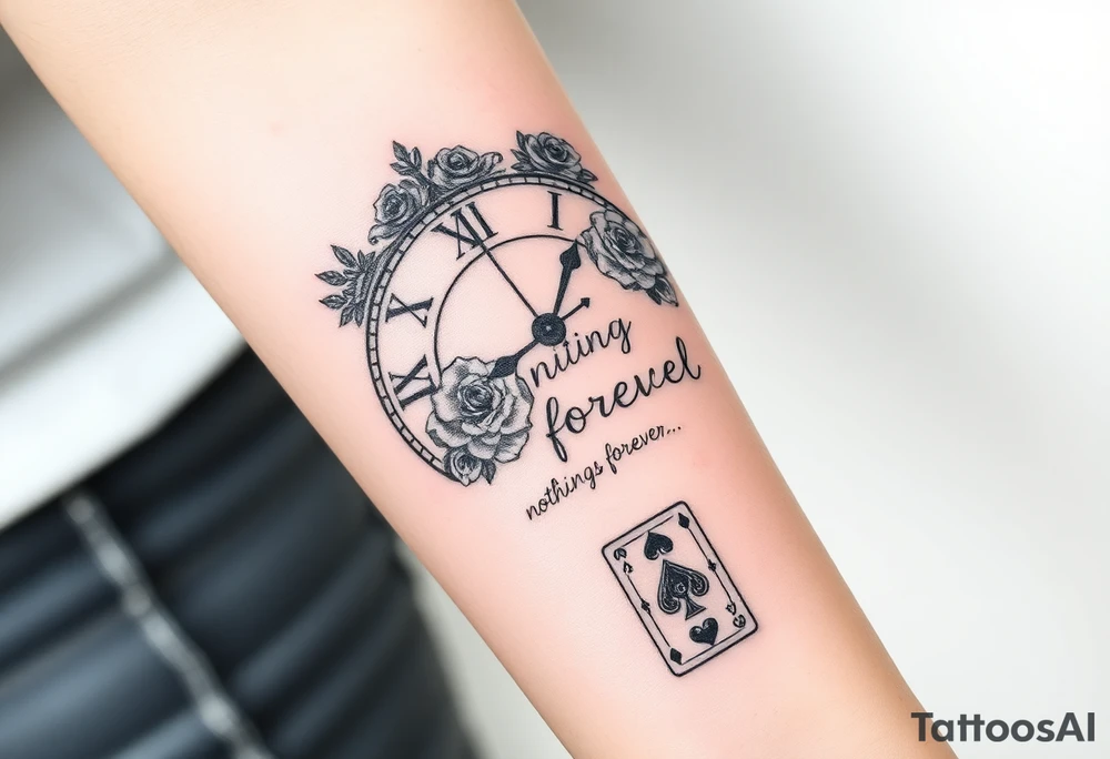 Roman clock with roses and a crown, a quote that says nothings forever. and on the bottom a deck of cards tattoo idea