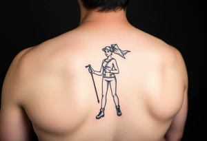 one line tattoo with a woman holding hiking poles and hiking tattoo idea