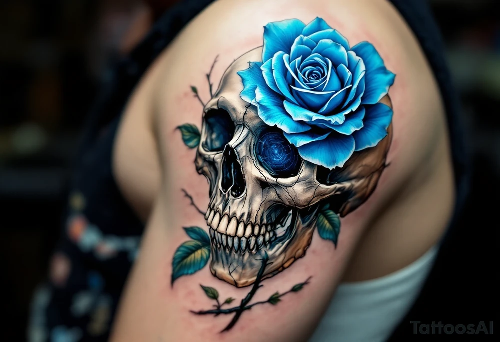 Blue rose growing from a cracked skull, vibrant ultramarine petals contrasting with aged bone in grayscale. tattoo idea