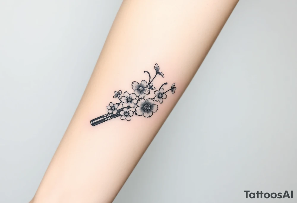 Star Wars Lightsabre with daisies, morning glory, and lily of the valley in it tattoo idea