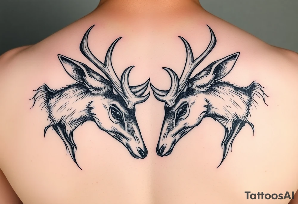 Entire Full body Two deer with their heads down hitting horns to show dominance. tattoo idea
