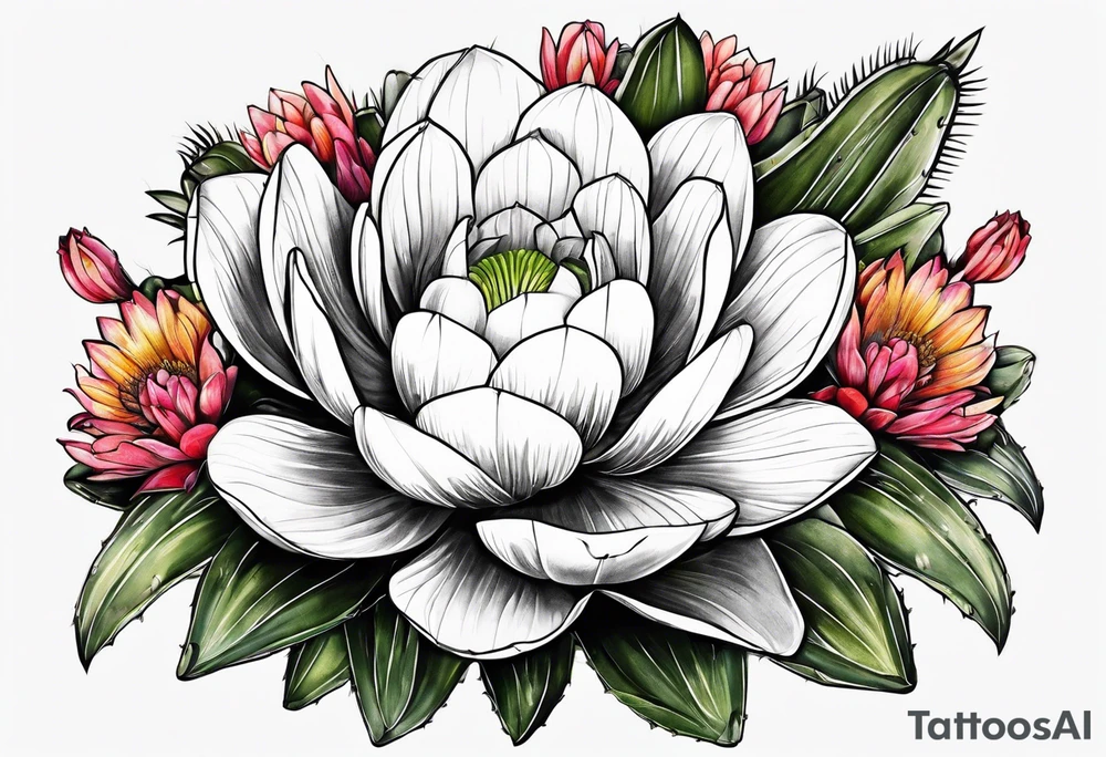 Leão animal, cactos, flor tattoo idea