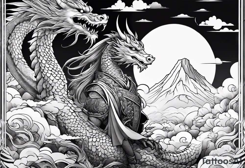 beautiful warrior fairy and a dragon and the background will be mountains, clouds, and a Japanese building tattoo idea