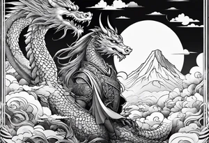 beautiful warrior fairy and a dragon and the background will be mountains, clouds, and a Japanese building tattoo idea