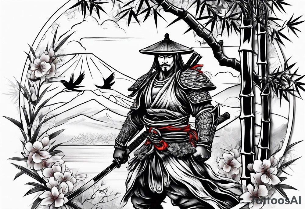 bamboo with japanese warrior and a cherry blossum tree in the background tattoo idea