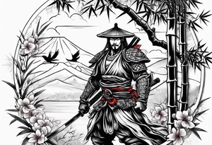 bamboo with japanese warrior and a cherry blossum tree in the background tattoo idea