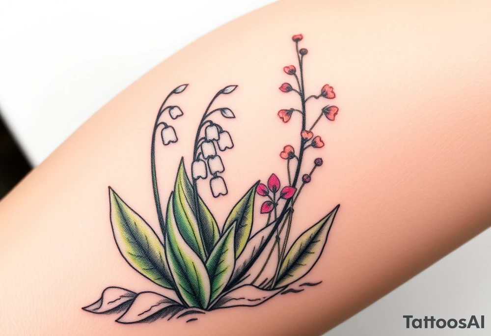 Small White lily in the valley bells growing next to other different colored lilie plants planted 
around  blooming hawthorn tree tattoo idea