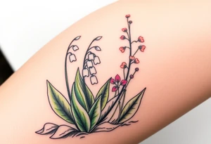 Small White lily in the valley bells growing next to other different colored lilie plants planted 
around  blooming hawthorn tree tattoo idea