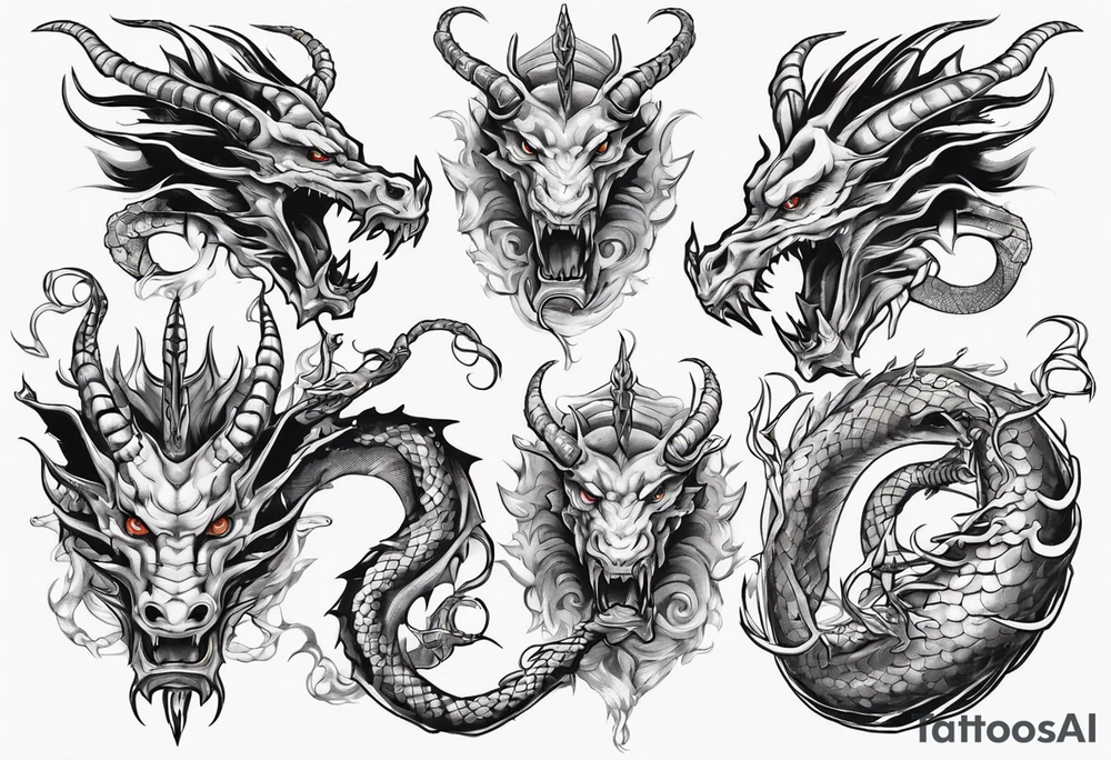 a long dragon intertwined along the arm with horns, mane, scales tattoo idea