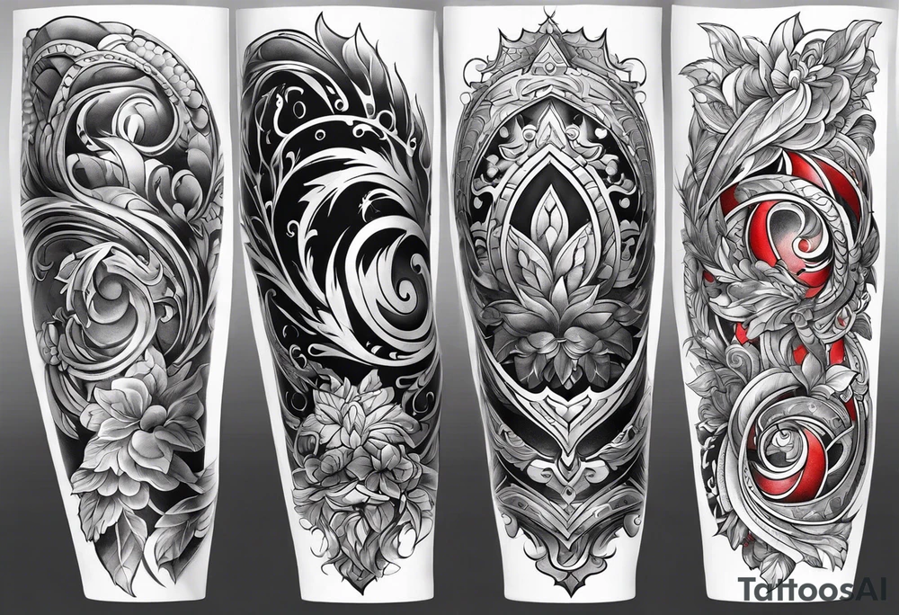 Full Arm sleeve, black, gray, silver, red, royal blue tattoo idea