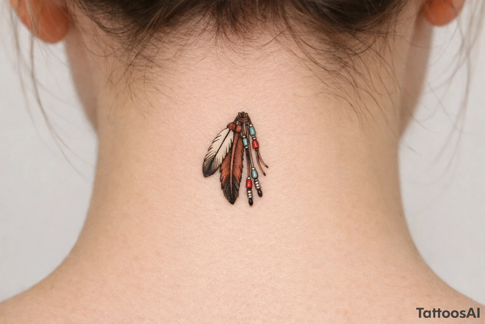 A native American hair piece of feathers on leather strips with beads to be placed on side of my neck as if coming from my hair, for Sioux woman tattoo idea