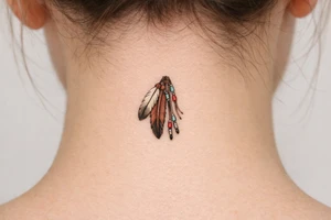 A native American hair piece of feathers on leather strips with beads to be placed on side of my neck as if coming from my hair, for Sioux woman tattoo idea