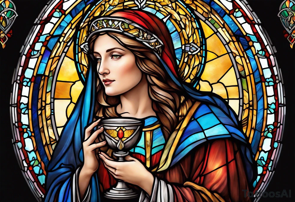 holy saint woman with halo stained glass holding a chalice tattoo idea