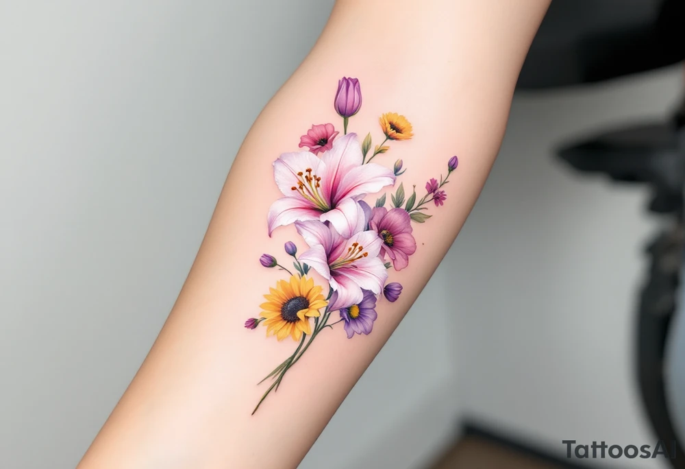 stargazer lillies in light pink with small yellow sunflowers and poppies and purple tulip buds in a dainty wildflower bouquet with stems tattoo idea