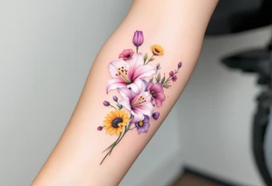 stargazer lillies in light pink with small yellow sunflowers and poppies and purple tulip buds in a dainty wildflower bouquet with stems tattoo idea