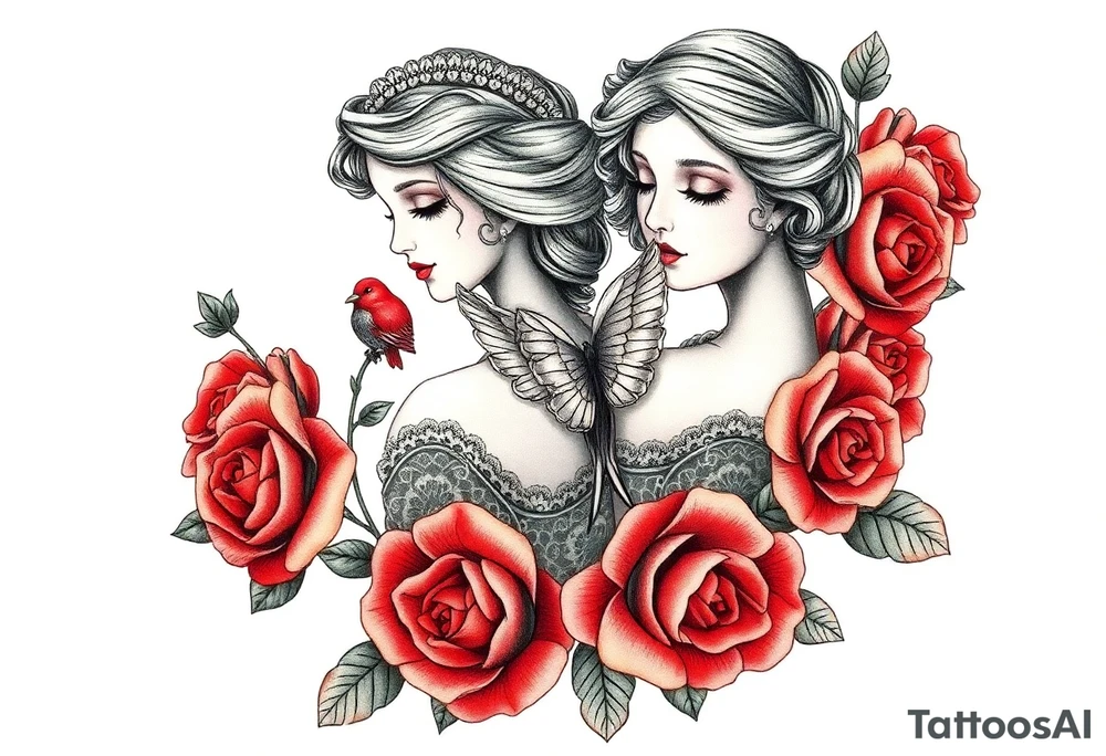 Vintage dollies, red roses, lace, red bird, vintage, wrap around tattoo idea