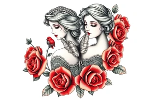Vintage dollies, red roses, lace, red bird, vintage, wrap around tattoo idea
