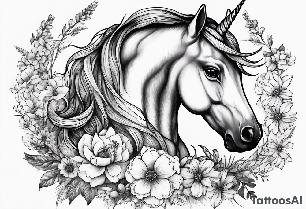 Unicorn and wildflowers half sleeve tattoo idea