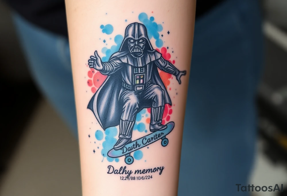 Darth Vader skateboarding > bullets > in loving memory > colors
add words "Darth Carter" to skateboard
add date 12/29/88-01/06/24 tattoo idea