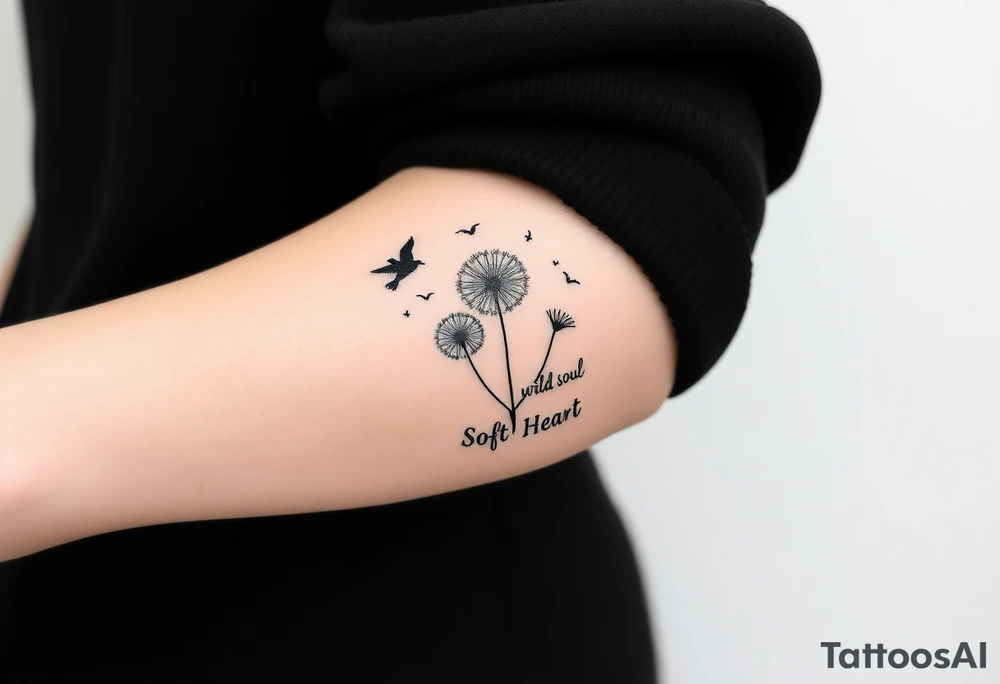 Black armband on forearm with wildflower dandelions in the middle with birds flying off and dopamine symbol coming off the stem. The words: Restless Mind, Wild Soul, Soft Heart tattoo idea
