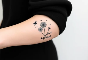 Black armband on forearm with wildflower dandelions in the middle with birds flying off and dopamine symbol coming off the stem. The words: Restless Mind, Wild Soul, Soft Heart tattoo idea