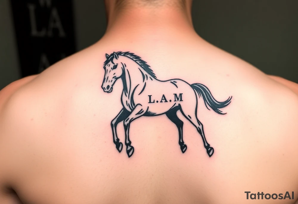 horse silhouette 
from the front which gallops from the front, with the 3 small letters discreetly integrated: L, A, M tattoo idea