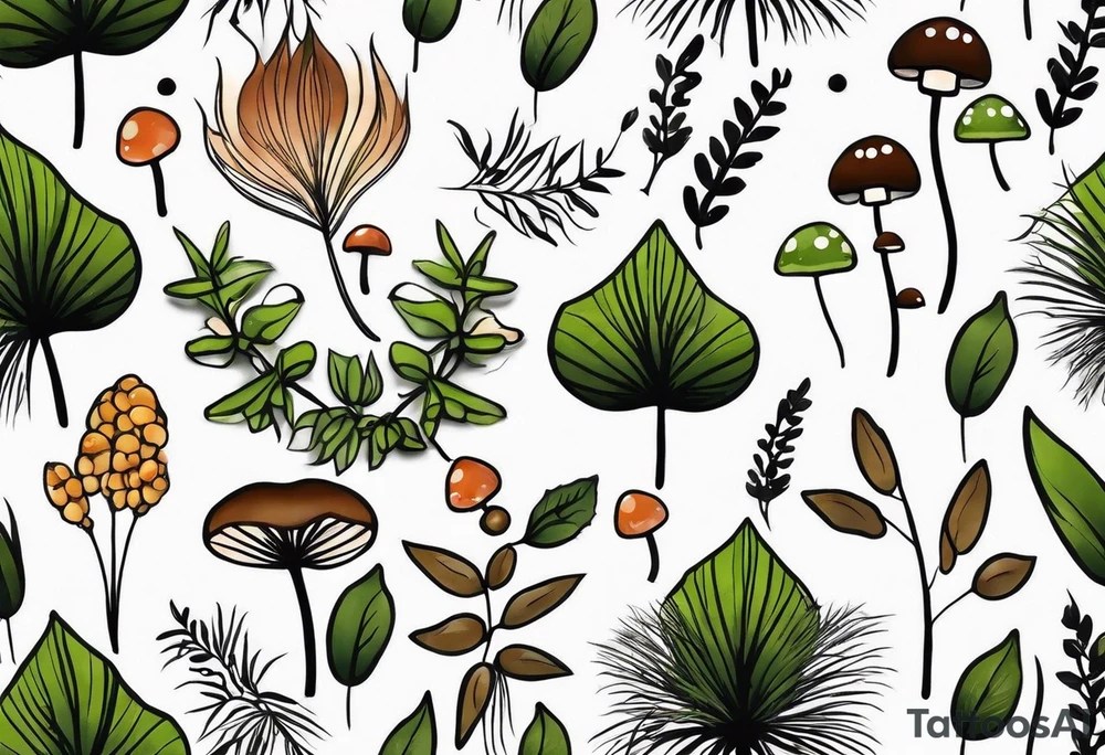 minimalistic forest floor inspired tattoo, which includes grass, moss, curly ferns and dead leaves as the bulk of the tattoo. details to include: forest berries, couple of very small brown mushrooms, a tiny bumblebee flying nearby tattoo idea