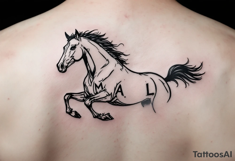 horse silhouette 
from the front which gallops from the front, with the 3 small letters discreetly integrated: M, A, L tattoo idea