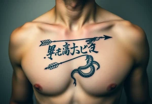 japanese text on chest with arrow and snake tattoo idea