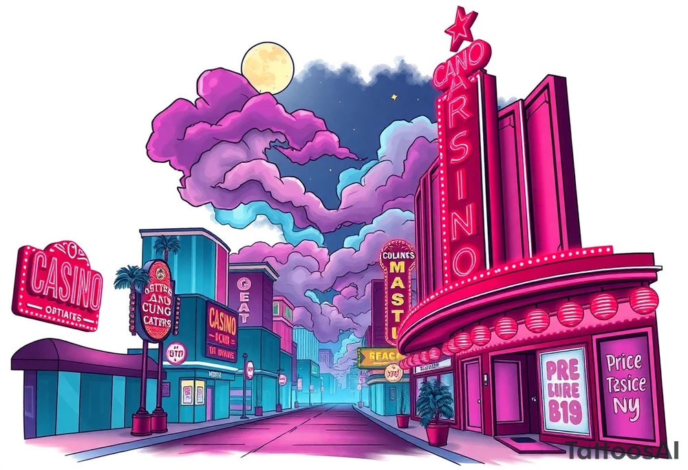 Tim Burton’s vegas casino on the strip from outside view is the street is littered with neon signs  and dripping with muted reds, dusty pinks, and eerie green glow purple and cyan smokey clouds swim through the moonlit night air as the stars twinkle tattoo idea tattoo idea