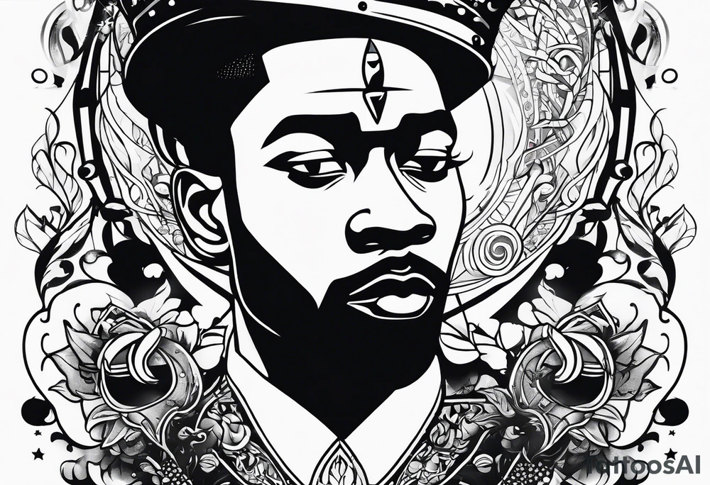 A black king surrounded by music tattoo idea