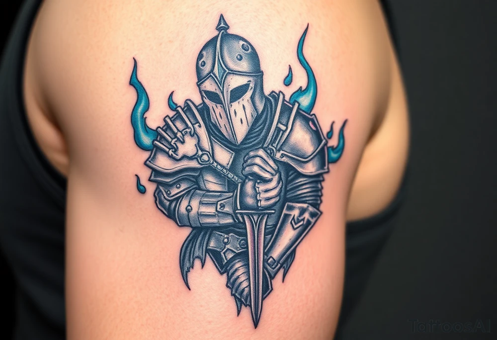 A cursed Templar knight, his armor cracked and oozing dark energy, with eerie blue flames flickering around him tattoo idea