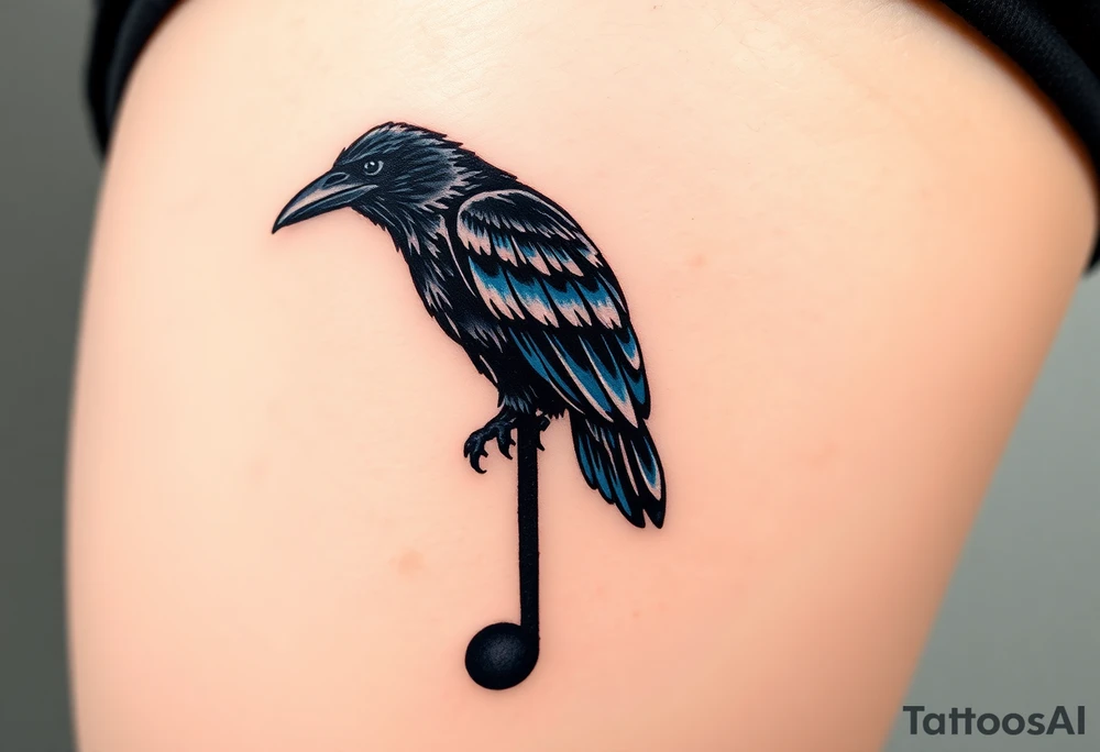 A crow perched on a distorted music note, with dark blues and blacks, symbolizing freedom and mystery in metal music. tattoo idea