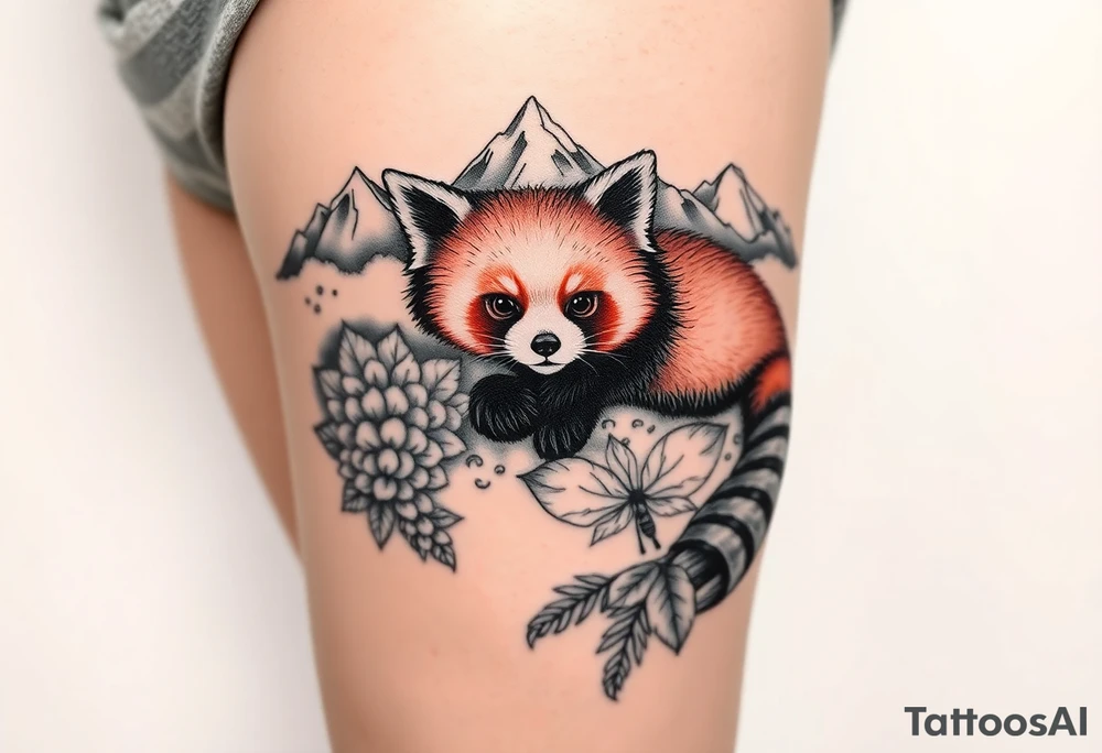 can you generate a Realistic black and grey tattoo design for a woman's left thigh, wrapping from the front to the outer thigh. Detailed red panda as the focal point, realistic fur, high contrast shading, mountains in the background, flowing waves, wild swimming elements, woodland leaves connecting the composition. Hidden initials B and S. Subtle references to magic, honey and bees, heroic symbolism, and music. Elegant feminine tattoo composition, professional tattoo flash artwork, black and grey realism, highly detailed. tattoo idea
