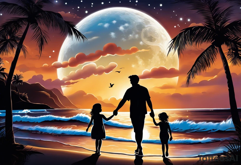 Create a stunning image of a realistic tattoo design that features a husband and wife holding hands, accompanied by their two children, walking along a beautiful beach. The moon shines radiantly in the night sky, illuminating the serene scene. Let your creativity flourish as you envision the intricate details that bring this tattoo to life, encapsulating the essence of love, family, and the awe-inspiring beauty of nature. tattoo idea