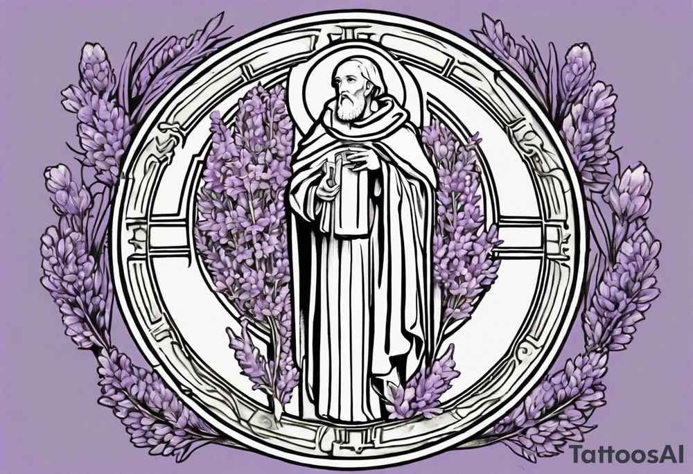 I'm looking for a custom tattoo design featuring a faithful and precise representation of the Saint Benedict medal, surrounded by delicately intertwined lavender flowers to create a harmonious and aesthetically pleasing composition. The focus should be on maintaining the authenticity of the Saint Benedict medal while incorporating the serene beauty of lavender blooms around it. The design should strike a balance that captures the symbolic essence of the medal within a visually appealing tattoo. tattoo idea