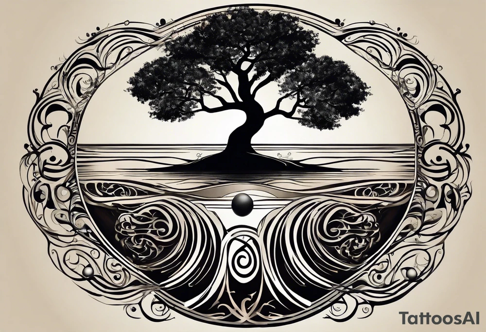 A tattoo design that incorporates the following elements: an abstract tree of life that has roots emerging  from the ground. Waves of water encapsulate the tree and wind around it in an organic way.  Incorporate music.   the letters U and A are overlapping and engraved into the tree. a golf ball incorporated but not prominent. tattoo idea
